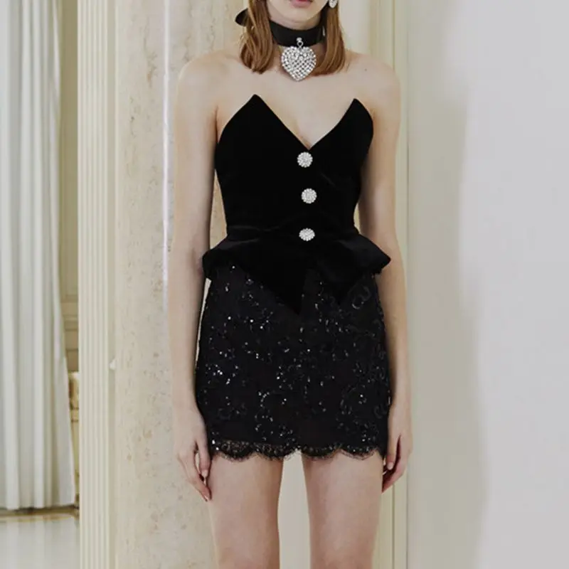 

Women Sexy Black Diamond Velvet Tops 2019