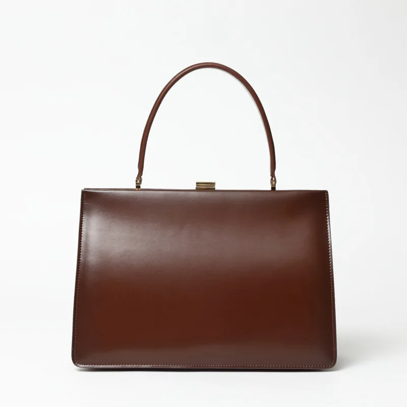 Женская сумка из натуральной кожи в винтажном стиле, кожаная сумка, кожаная большая сумка с зажимом - Цвет: BROWN
