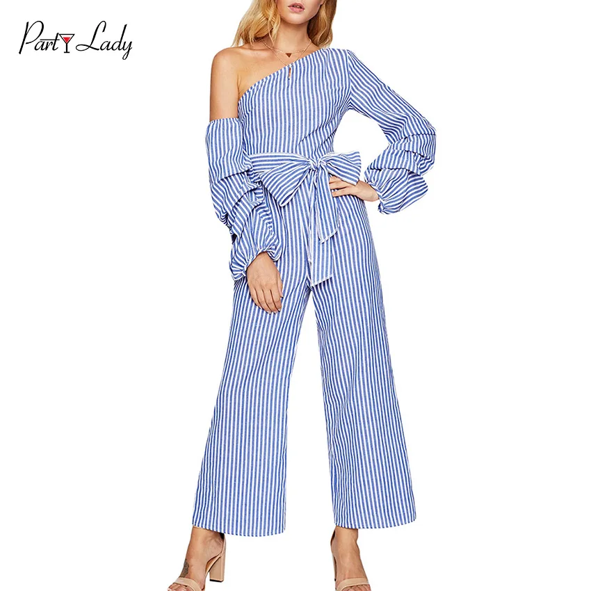 Party Lady 2018 Party Club Jumpsuits For Women Autumn Winter Striped Fashion Rompers Sexy Three-layer Sleeve Girls Jumpsuit -E