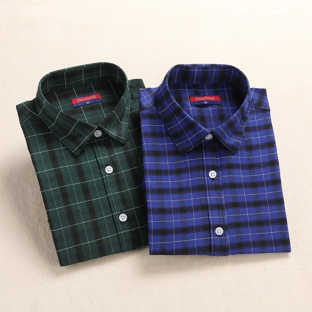 Dioufond Shirts Women Plaid Blouses Long Sleeve Ladies Office Tops Flannel Shirt Plus Size Female Clothing Women Fashion Blusas