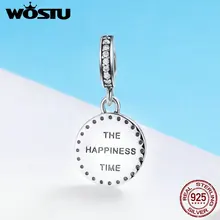 WOSTU, роскошные 925 пробы, серебряные часы Happy Time, висячие, шарм, подходят для браслетов, Подвеска для женщин, модные, сделай сам, ювелирные изделия, FIC657