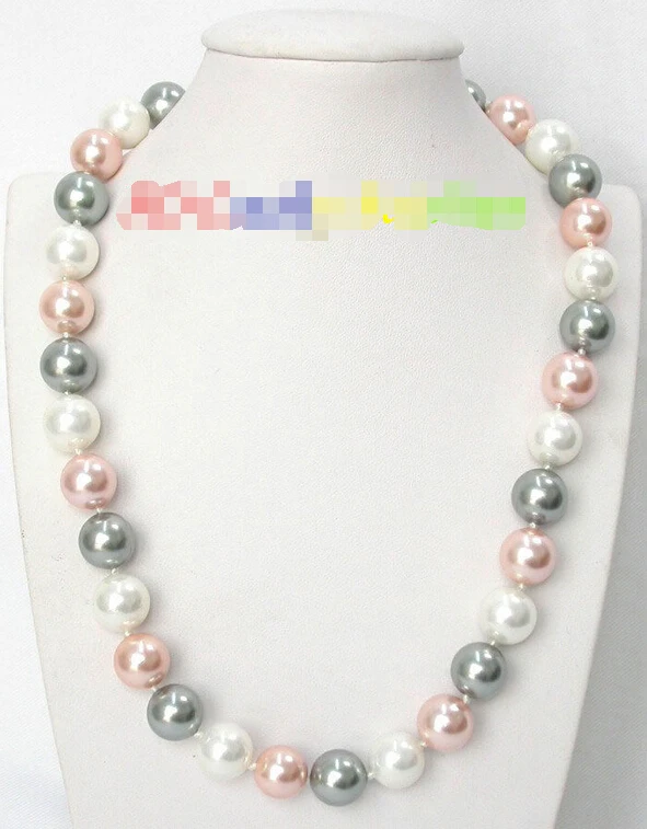 

18" 12mm round Multicolor white pink Gray south sea shell pearls necklace J8142@^Noble style Natural Fine jewe FREE SHIPPING
