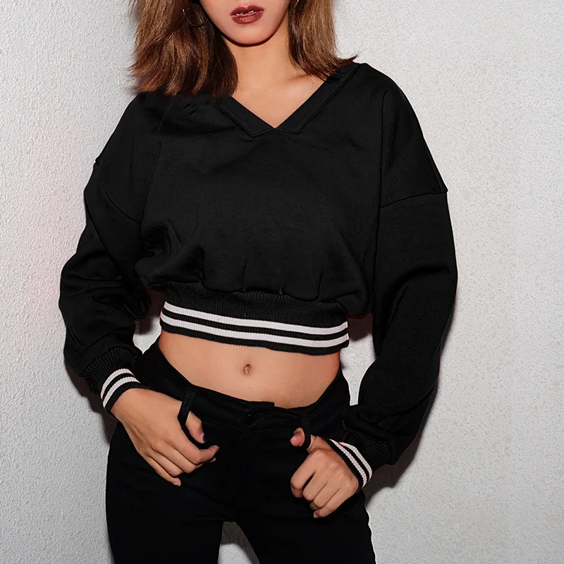 

JSMY New Women's INS Style V-neck Ribbed Waist Slimming Expose Navel Sweatshirt Coat Casual Pullover Top