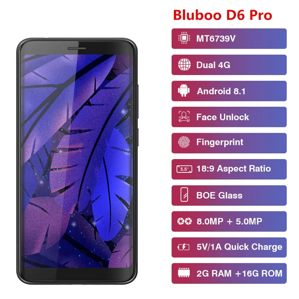 Bluboo D6 Pro смартфон с 5 дюймовым дисплеем четырёхъядерным процессором озу 2 гб пзу 16 8