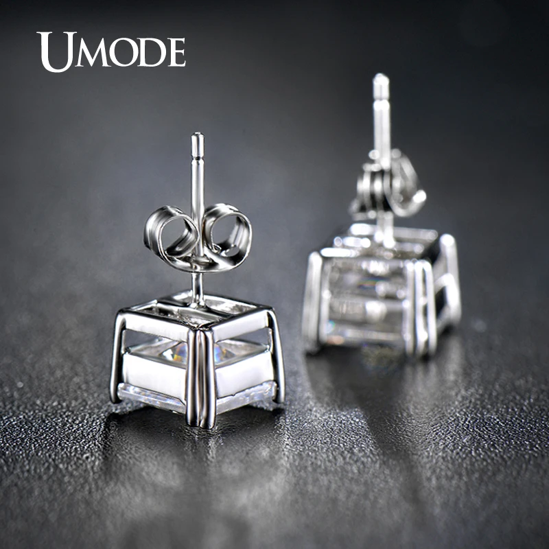 UMODE 8mm 2.5 Carat Asscher Cut CZ White Gold Color Cubic Zirconia Post Stud Earrings Set Fashion Jewelry for Women UE0187B