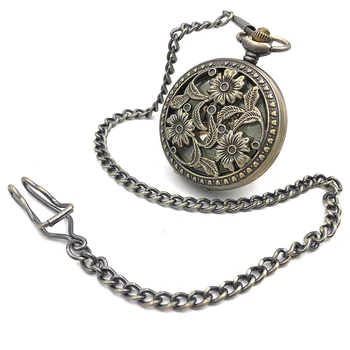 

Bronze Tone Skeleton Steampunk Flower Case Roman Number Dial Hand Wind Men Mechanical Pocket Watch w/Chain FOB Reloj De Bolsillo