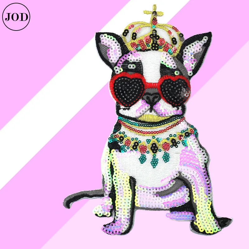 

Sequin Patch Embroidered Iron on Patches for Clothes Embroidery Dog King Stickers Ironing Jackets Applique Patchwork Clothing