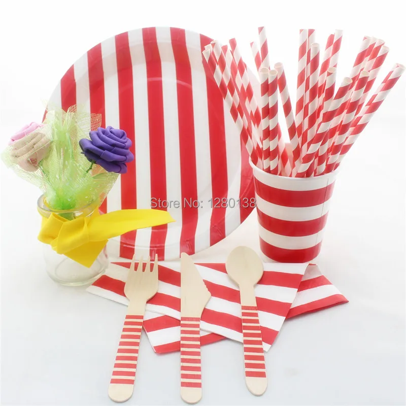 Eco-friendly Wooden Fork Spoon Knift Party Supplies Red Striped Tableware Set Paper Plates Cups Straws Napkins | Дом и сад