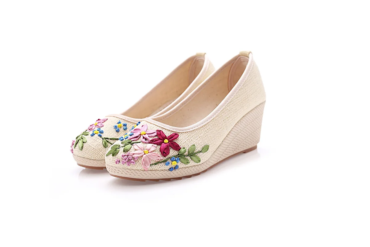Китайские женские туфли-лодочки; слипоны с цветочным рисунком; туфли-лодочки из натурального льна; тканевые мягкие туфли для танцев в стиле ретро