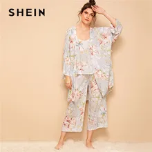 SHEIN цветочный принт Cami пижамный комплект с халатиком для женщин Летняя повседневная одежда для сна Спагетти ремень с длинным рукавом поясом женский халат
