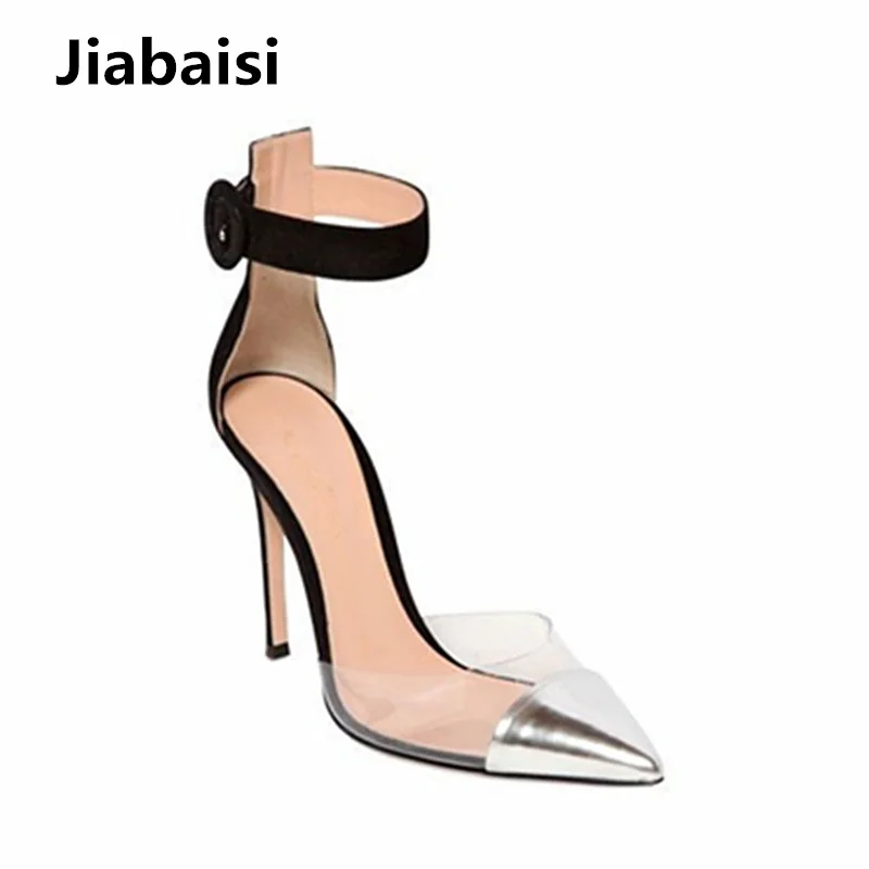 

Jiabaisi shoes Women Sandal transparent heels Pointed Toe High Heel strap Stiletto Heels Large Size Wedding Party Evening Shoes