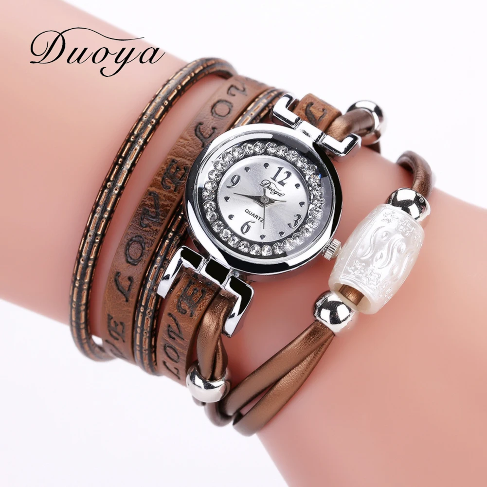 Модные Duoya Брендовые женские часы-браслет с надписью «LOVE» из искусственной кожи на бренд круг инкрустированные алмазами Для женщин кварт