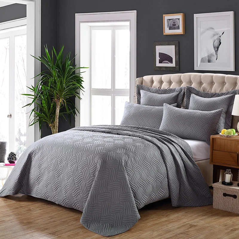 

Luxury Cotton 3-piece Oversized Quilted Bedspread Coverlet Set King Size Waves Pattern Bed Cover Set With Pillowcase Solid Color