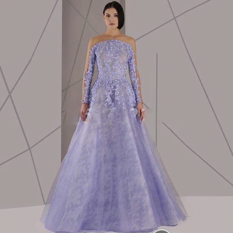 light purple lace evening dresses 2017 long sleeve applqiues flowers
