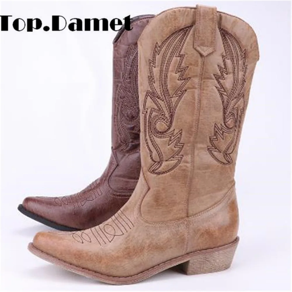 Online Top.Damet botas altas hasta la rodilla de cuero vaquero Cowgirl botas de punta estrecha antideslizante de las niñas occidentales zapatos de motocicleta mujer señoras