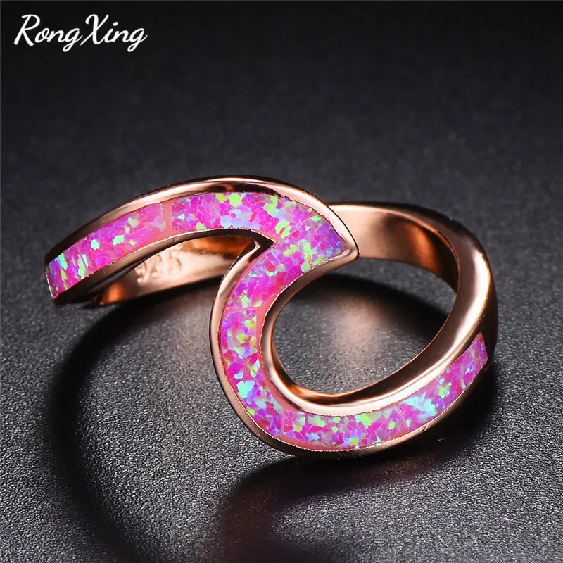 

RongXing Purple/Blue/White/Pink Fire Opal Wave Ring Rose Gold Filled Women Promise Wedding Bands Rainbow Birthstone Ring RR0084