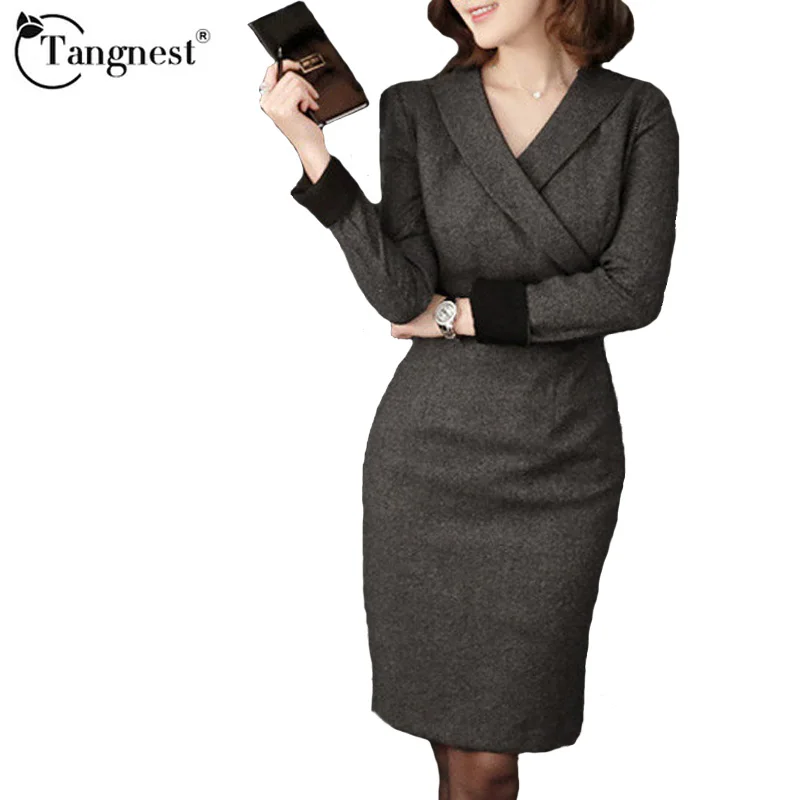 TANGNEST Women OL Business Office Dress 2017 Sexy Elegant V neck Long