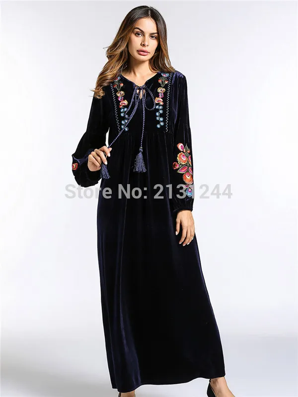 Модное женское Платье макси с вышивкой, вельветовое зимнее Абая теплое платье, свободные платья, мусульманская одежда для Ближнего Востока, арабское исламское платье