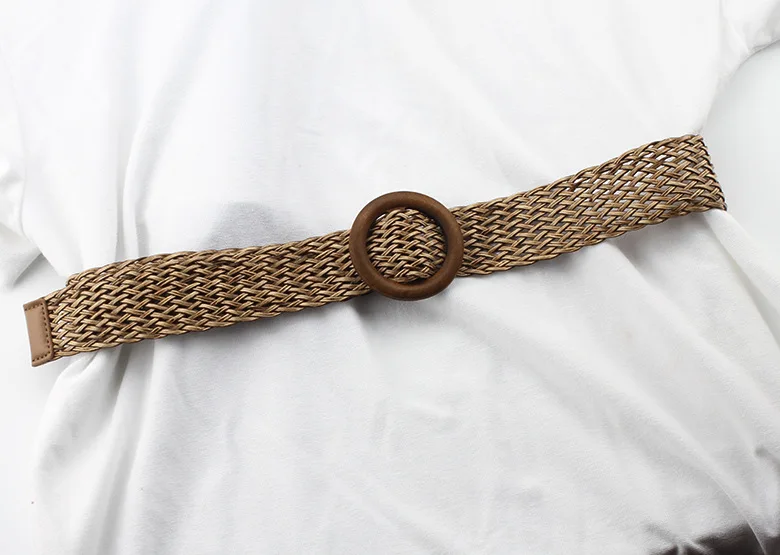 Летний женский широкий Плетеный соломенный поясной ремень с круглой деревянной пряжкой ремни для женского платья Cinturon Madera Paja - Цвет: Хаки