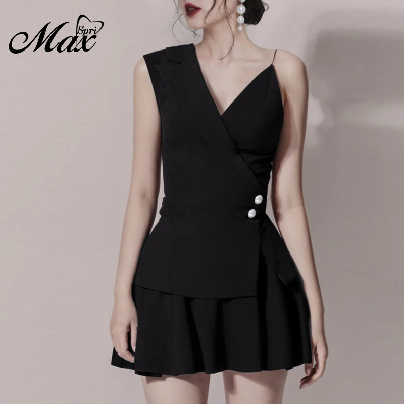 

Max Spri 2019 New Women Two-Piece Set Strap Asymmetry Sleeveless Top Pearl Button Bodycon Mini Skirt Lady Clubwear Sets