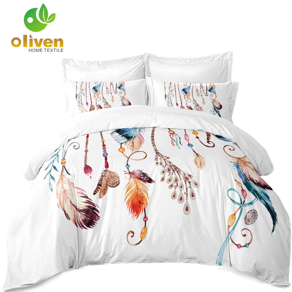 Colorful Feather Print Bedding Set Bohemia Dream Catcher Duvet