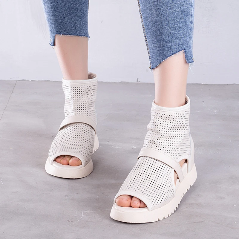 

Artdiya Summer New Roman Sandals Back Zipper Peep Toe Hollow Genuine Leather Women's Sandals Cowhide Handmade Shoes Wedges Heels