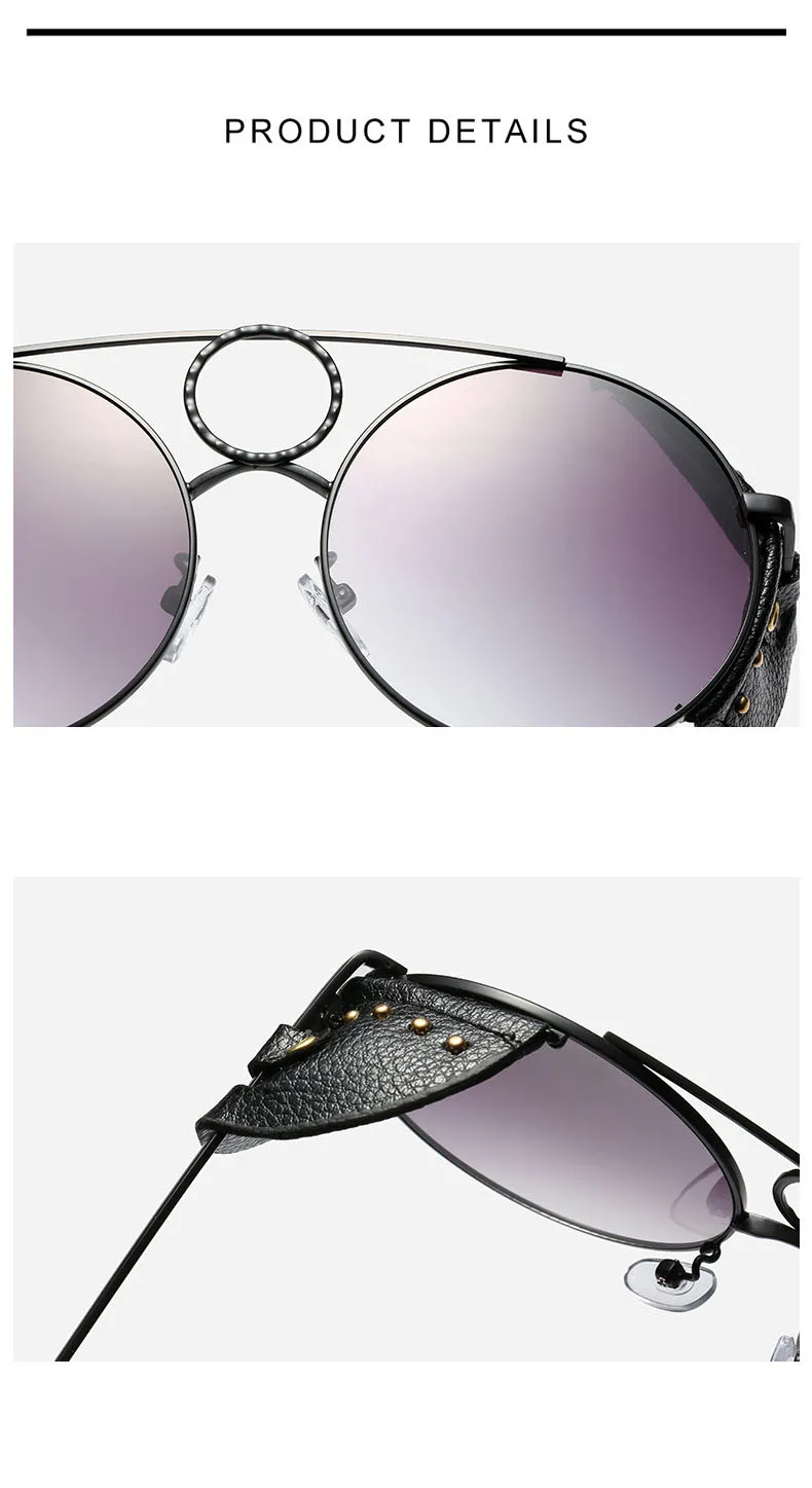 Индивидуальная мода стимпанк металлические солнцезащитные очки женские круглые Tide кожаные заклёпки солнцезащитные очки мужские