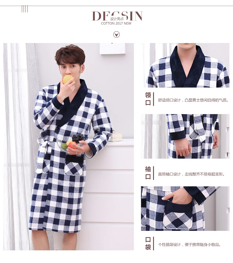 J & Q Новый халат Мужской Хлопковый мягкий халат мужской кимоно Coton мужской юката клетчатый халат высокого качества бренд с поясом мужской