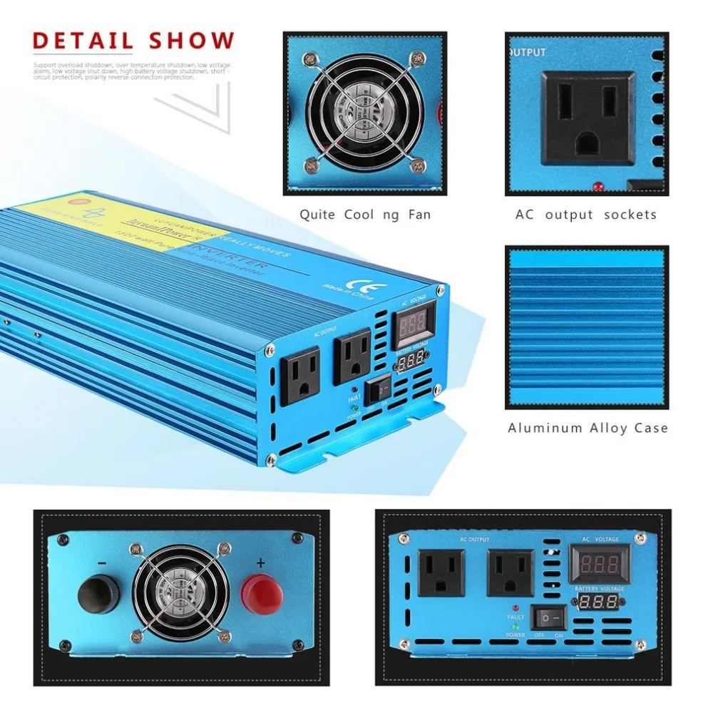 

1500W High Power Car Power Inverter DC12V to AC110V Solar Inverter Modified Charger Power Converter Adapter Blue