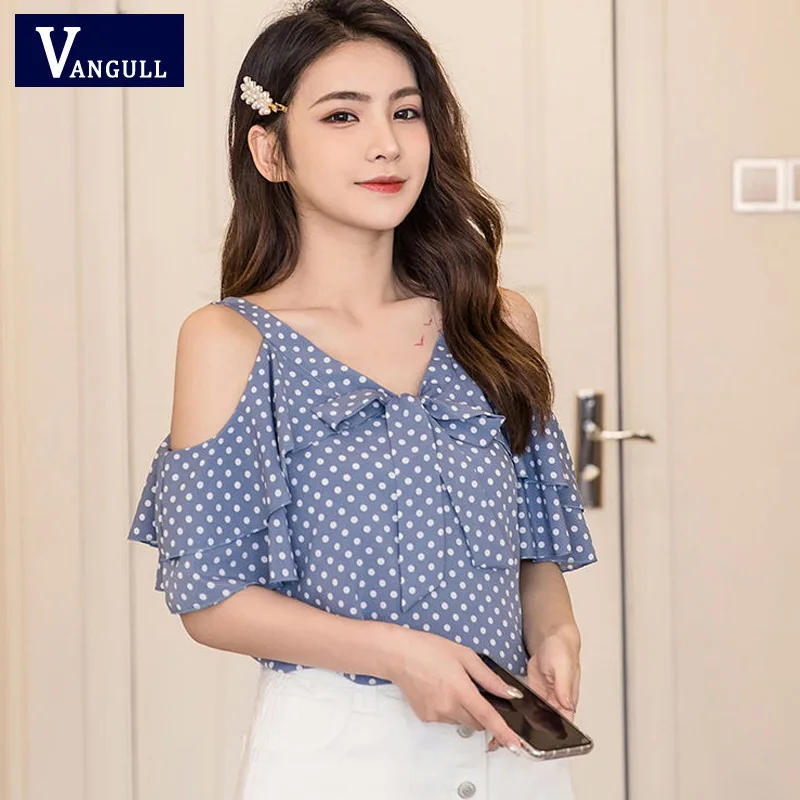 

VANGULL 2019 summer new Polka Dot Bow slim Chiffon Shirt Sling strapless Short sleeve V-neck shirt butterfly cool Refreshing