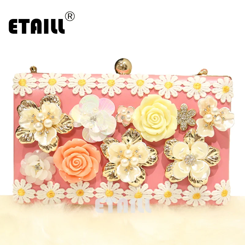 

ETAILL Pink Handmade Pearl Flower Luxury Designer Brand Evening Bag Lace Florals Clutch Bag Handbags with Rhinestones Pupochette