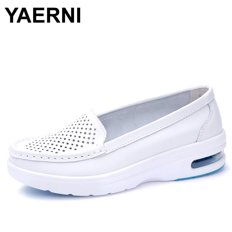 

YAERNI New Women White Nurse Shoes Woman Platform Soft Comfortable Air Cushion Casual Genuine Leather Antiskid Shoes Flats