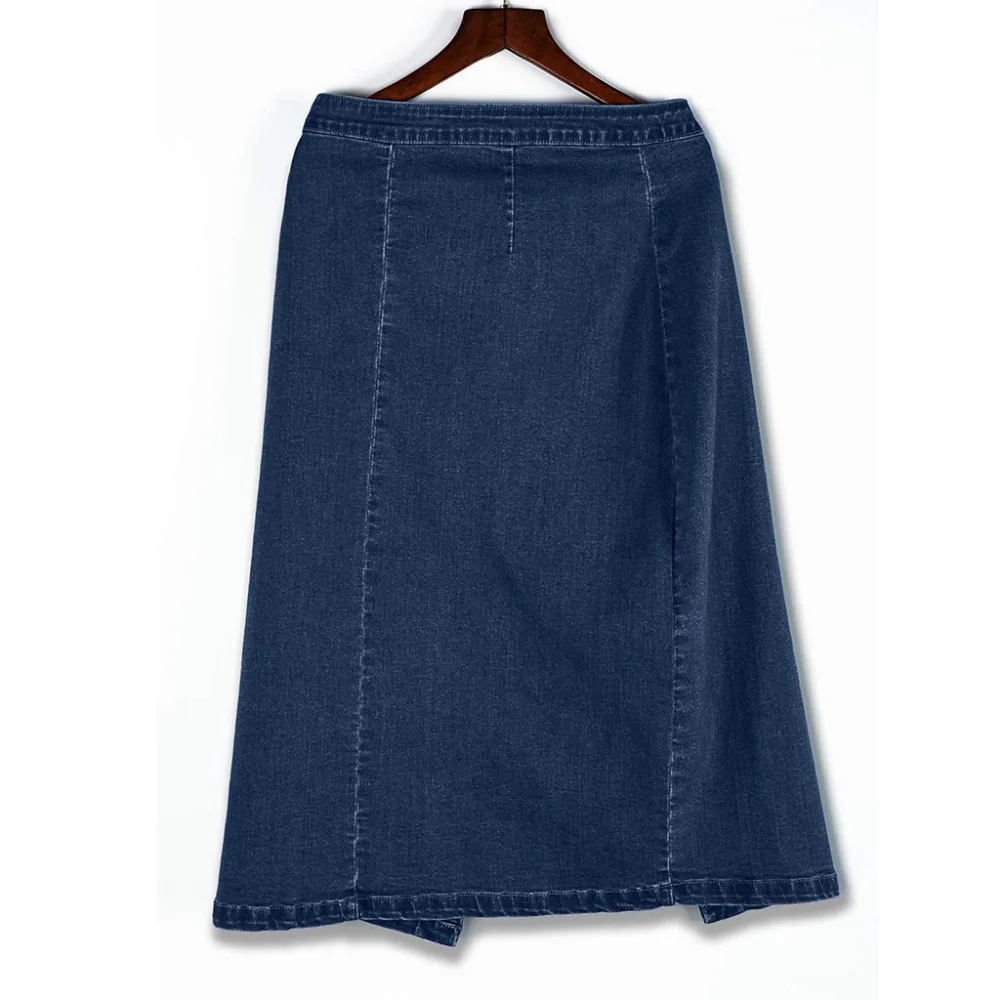 Размера плюс, джинсовая миди юбка лето, эластичная высокая талия, на пуговицах, с разрезом, юбки-карандаш для женщин, повседневные, вечерние, синяя джинсовая юбка, Jupe