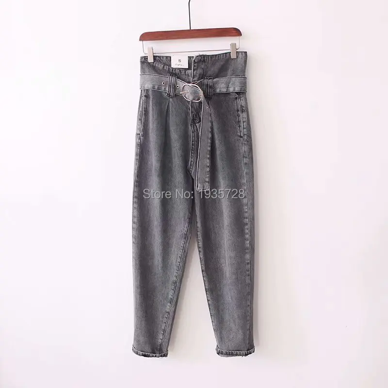 Women Vintage Dark Blue/Grey High Waist Jeans/Denim Pants With Matching Buckle Belt- Fall Ladies Fashion Casual Trousers