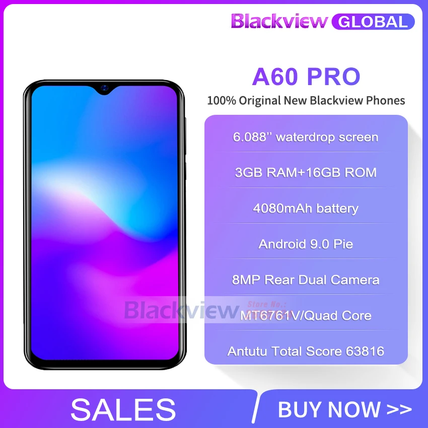 Смартфон Blackview A60 Pro, аккумулятор 4080 мАч, экран 6,088 дюйма, 3 Гб ОЗУ, 16 Гб ПЗУ, Android 9,0, 4G, мобильный телефон A60PRO