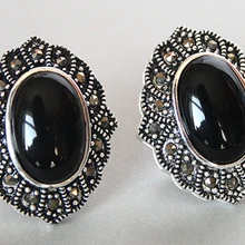 Горячая Новые винтажные 925 Серебряные натуральные черные нефритовые серьги-гвоздики 1"