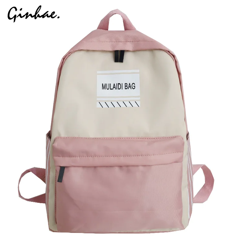 

Preppy Style Nylon Bagpack Women Waterproof Letter Patchwork Backpack For School Teenagers Girls Travel Striped Pocket Backpack