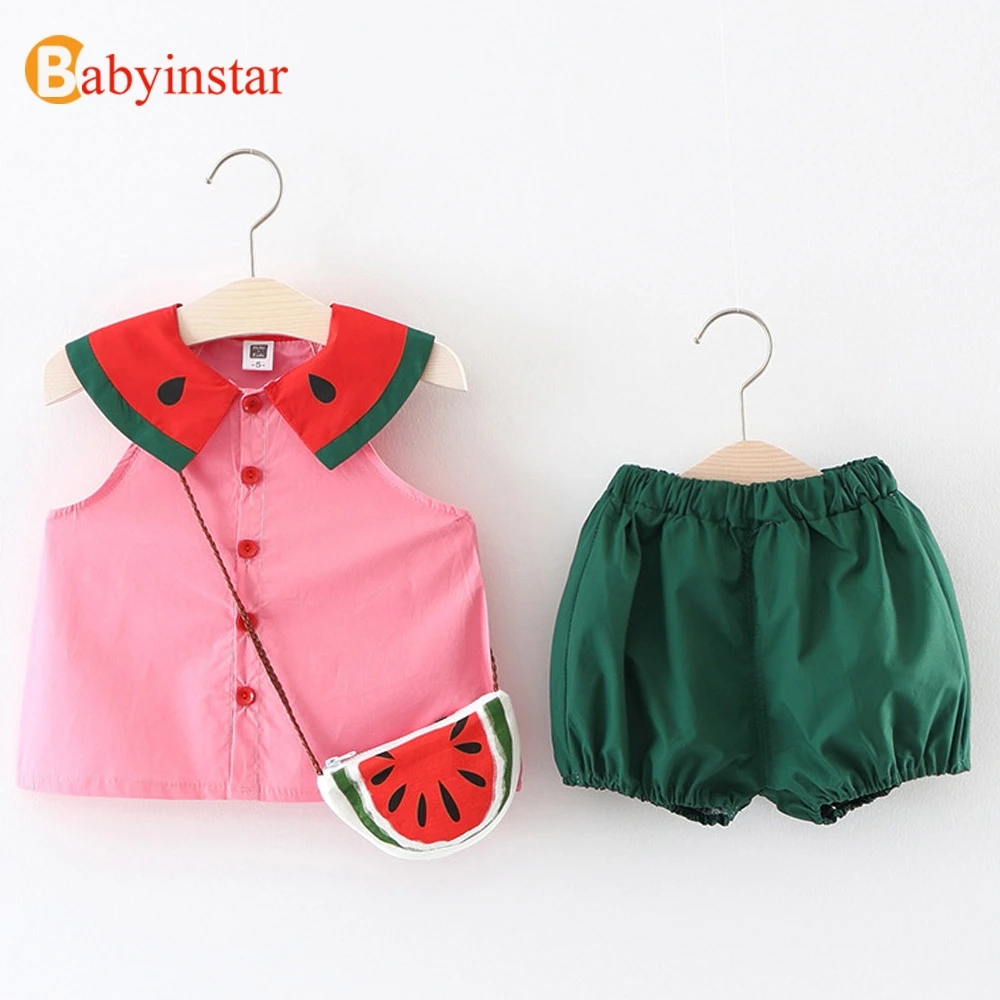 Babyinstar 2018 Summer Stylish Cartoon Watermelon Cotton Tank Top + Solid Shorts Baby Girl Vest Sets Clothes Set With Small Bag Babyinstar 2018 Summer Stylish Cartoon Watermelon Cotton Tank Top + Solid Shorts Baby Girl Vest Sets Clothes Set With Small Bag