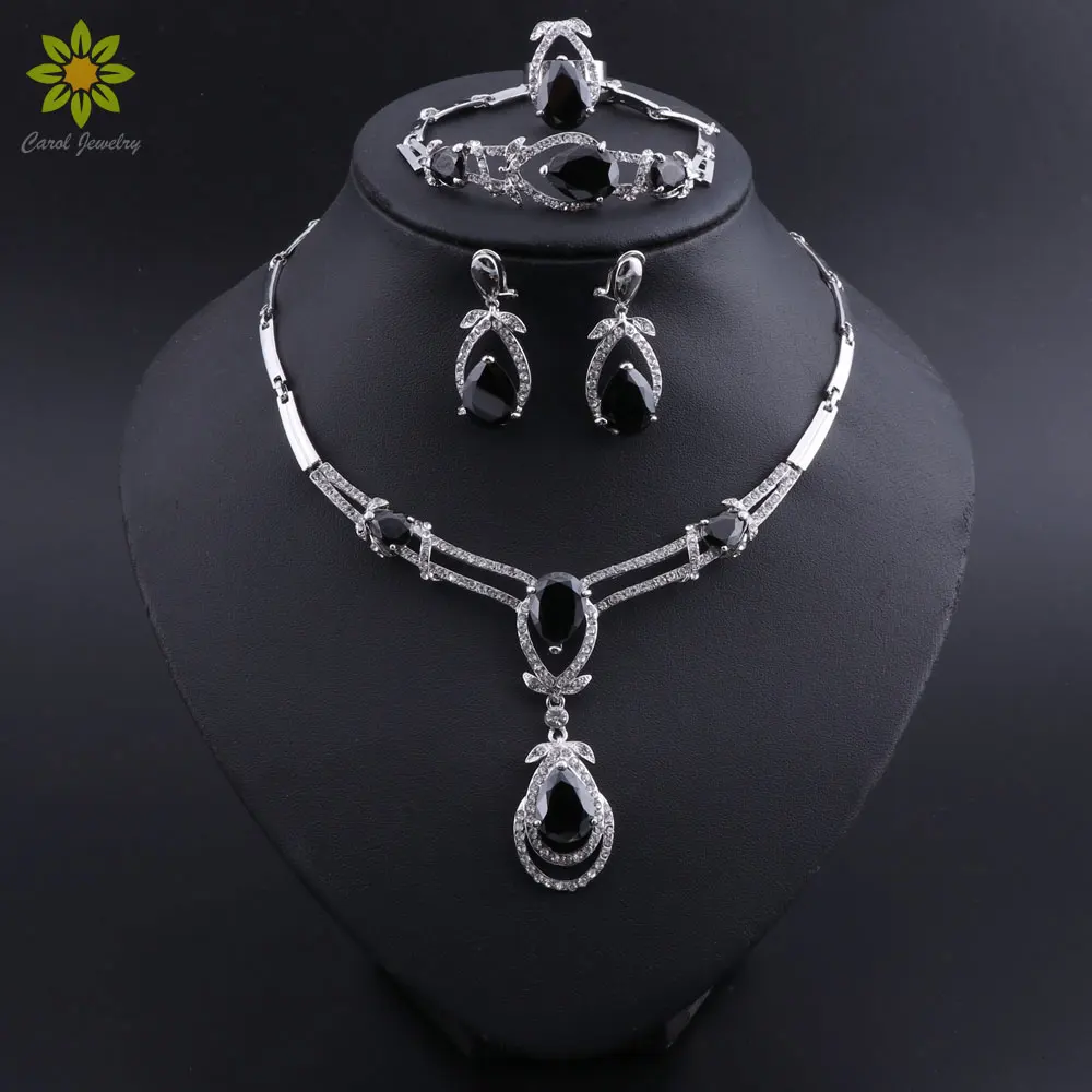 Classic Water Drop Necklace Earrings Set Luxury Silver Color Jewelry Sets For Women Wedding with Black AAA Cubic Zircon | Украшения и