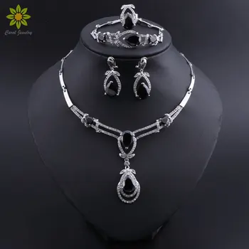 

Classic Water Drop Necklace Earrings Set Luxury Silver Color Jewelry Sets For Women Wedding with Black AAA Cubic Zircon