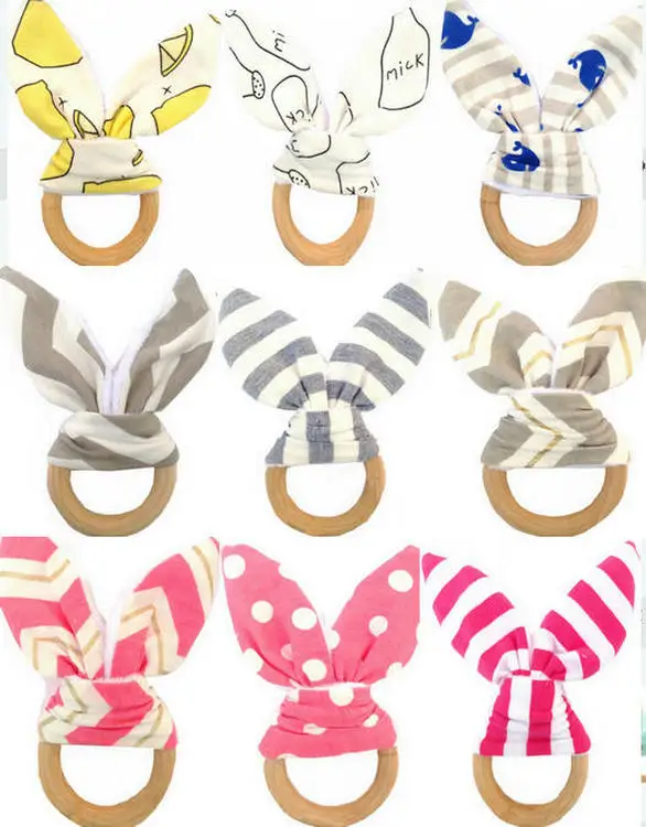 

baby Teething Ring/Fabric and Wooden Teething training with Crinkle Material Inside/Sensory Toy Natural teether bell