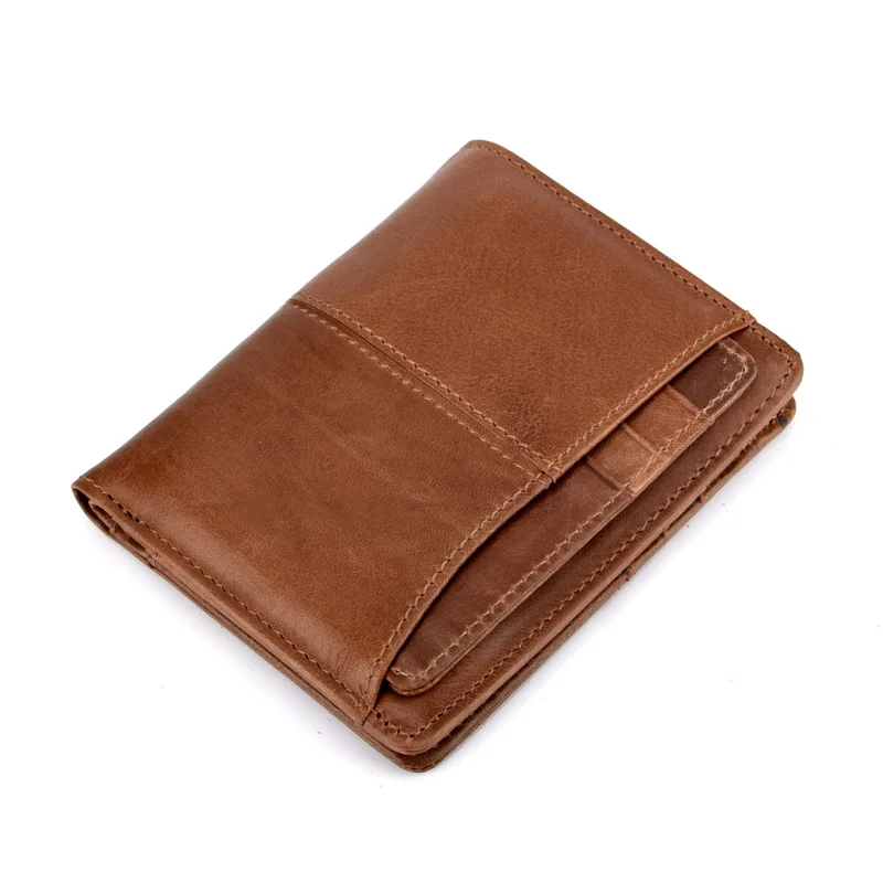 Брендовые винтажные короткие мужские кошельки из натуральной кожи, минималистичный тонкий кошелек для карт с карманом для монет на молнии - Цвет: Brown