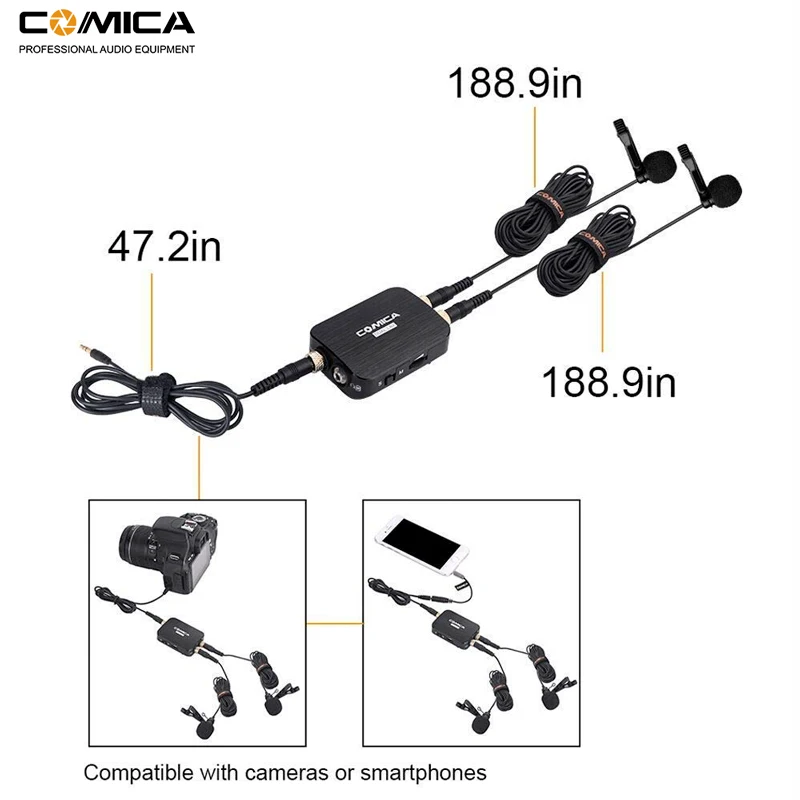 Comica CVM-D03 Dual Lavalier Lapel Microphone with Mono/Stereo Clip-on Interview Microphone for Cam