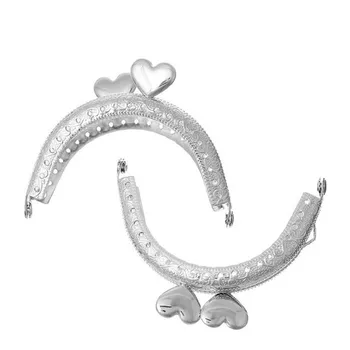 

2Pcs Silver Tone Double Hearts Flowers Carved Arc Frame Kiss Clasp Lock Handbag Purse Bag Handle DIY Parts 7.5x5.8cm