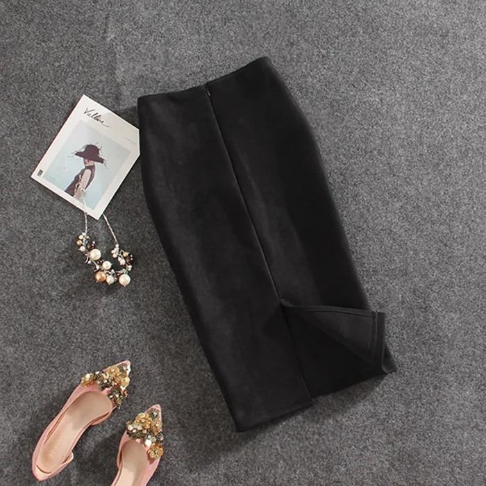 Демисезонный Новое поступление Для женщин Вечернее одноцветное юбка-карандаш Высокая растянуть Разделение Тонкий колен замшевые юбка-карандаш - Цвет: black