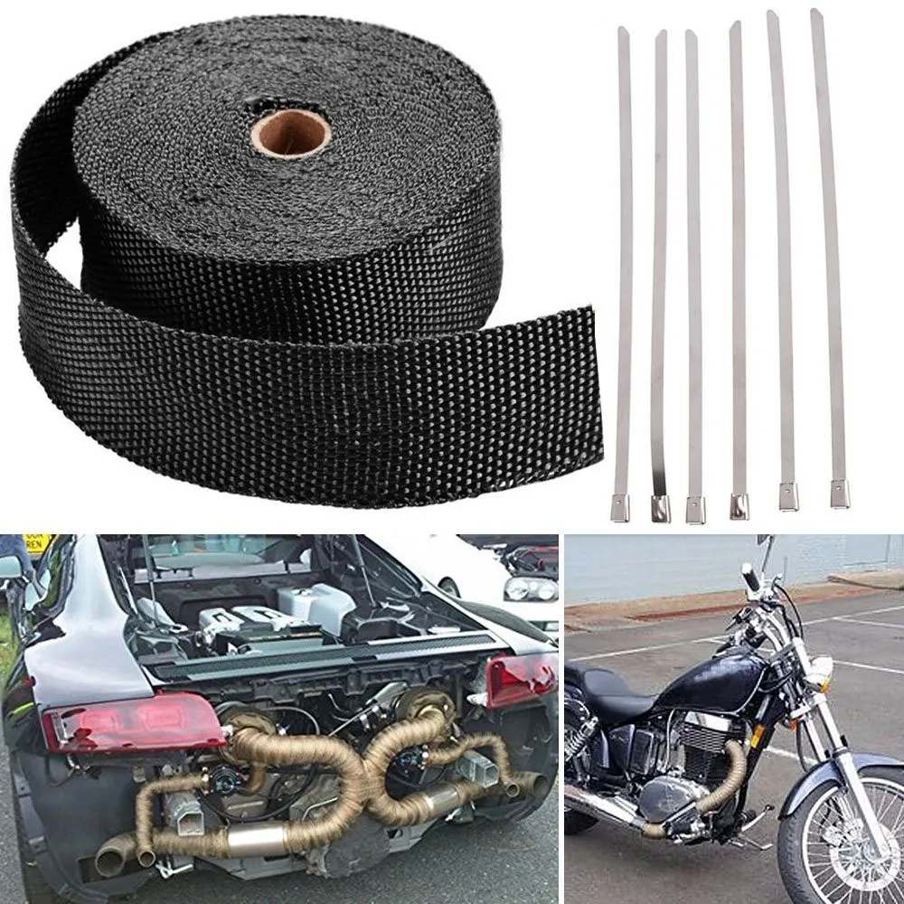 Qiilu 16FT Black Exhaust Heat Wrap Fiberglass High Heat Insulation Exhaust Pipe Wrap Tape Cloth for Car Motorcycle ATVs Go Karts Marine 