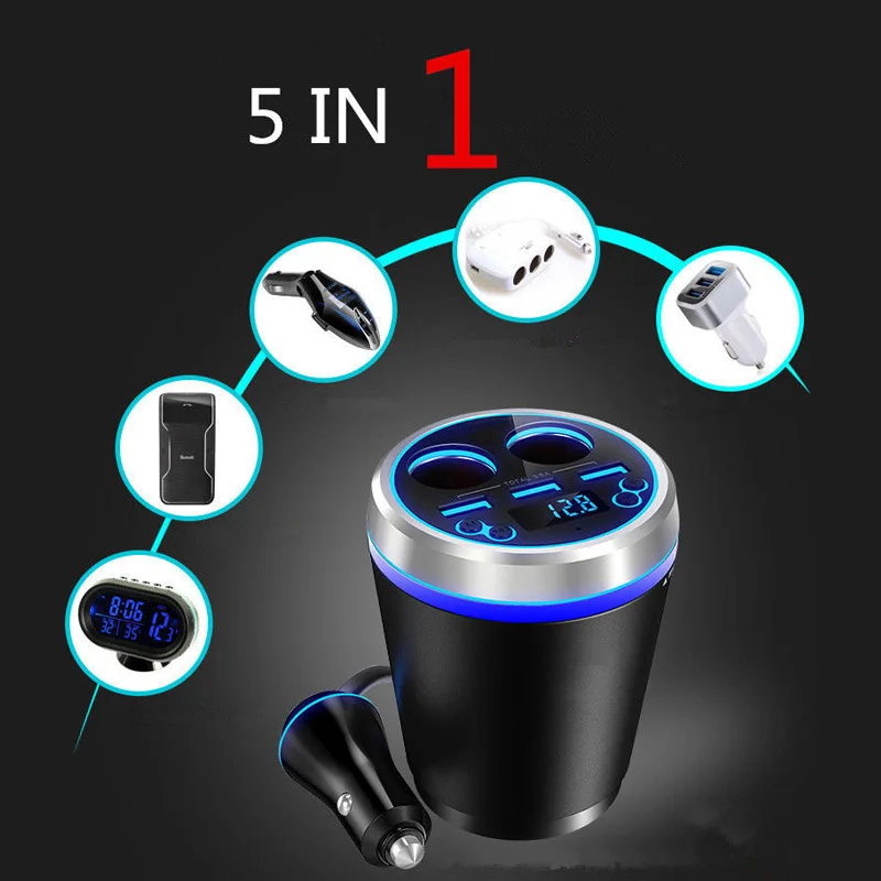 

Three USB Mobile Phone One Tow Two Cigarette Lighting Car Charger Handsfree FM Transmitter MP3 Cup Bluetooth Car Charger Device