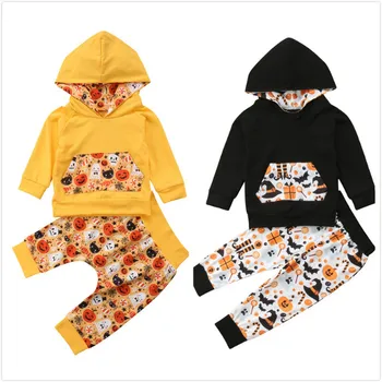 

Halloween Set Infant Baby Boy Girl Hoodies Tops+Long Pants Clothes Pumpkin Ghost Print Outfit Yellow Black Autumn