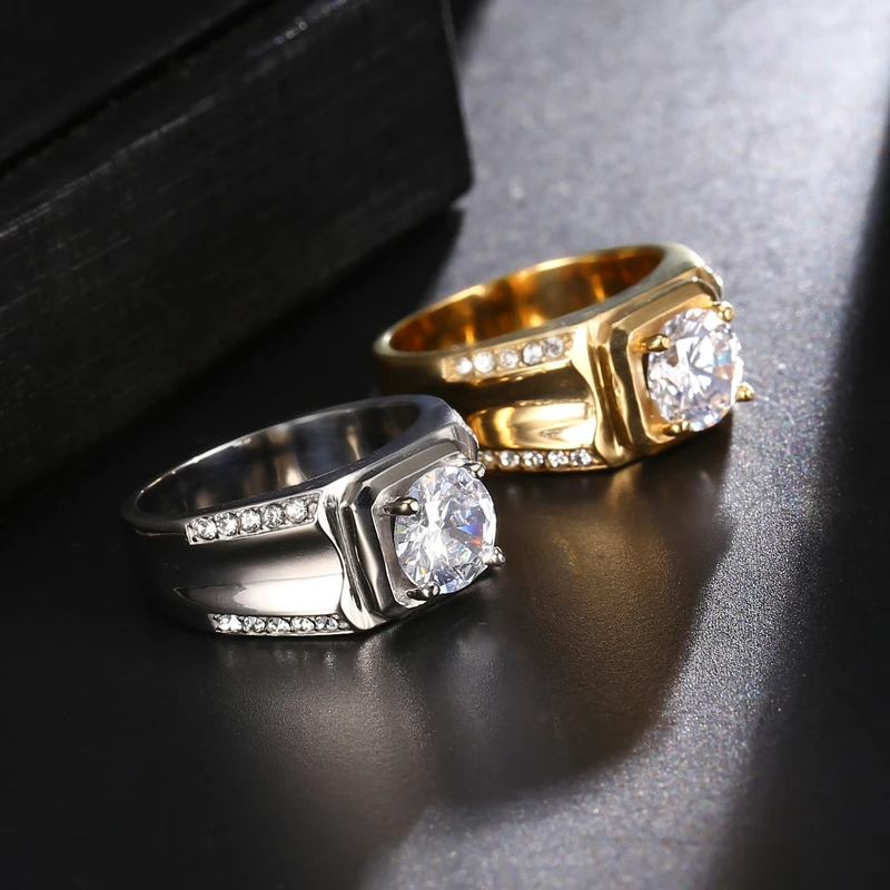 

HIP Hop Gold Bling Iced Out Cubic Zirconia Men Ring IP Gold Filled Titanium Stainless Steel Rings Hiphop Jewelry