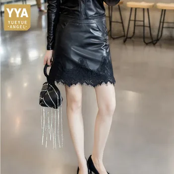 

Spring New Sexy Women Slim Fit Lace Wrap Mini Skirt Summer A Line Korean Sheepskin Genuine Leather Office Ladies Bodycon Skirts
